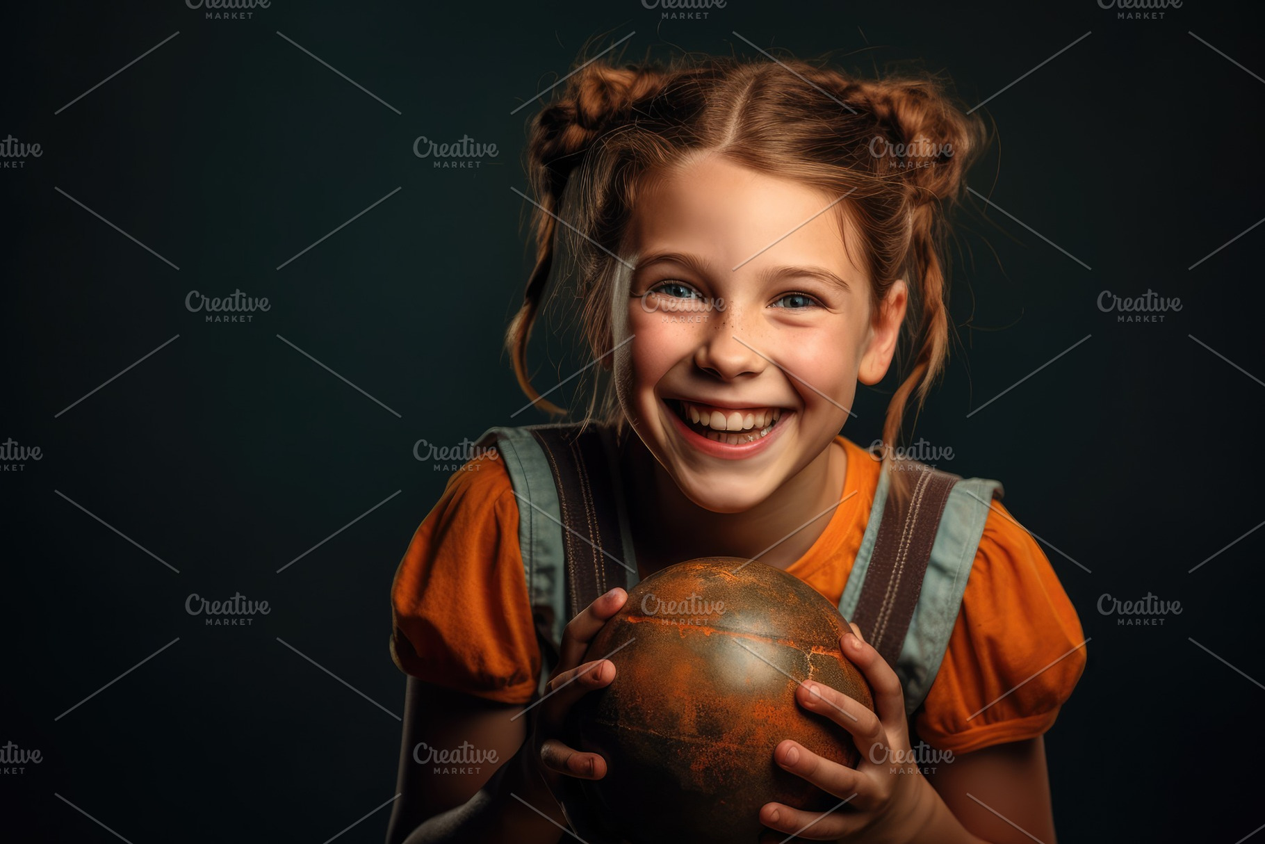 Cheerful headshot photo of a young girl with freckles and two br, a School & Education Photo by designvectx
