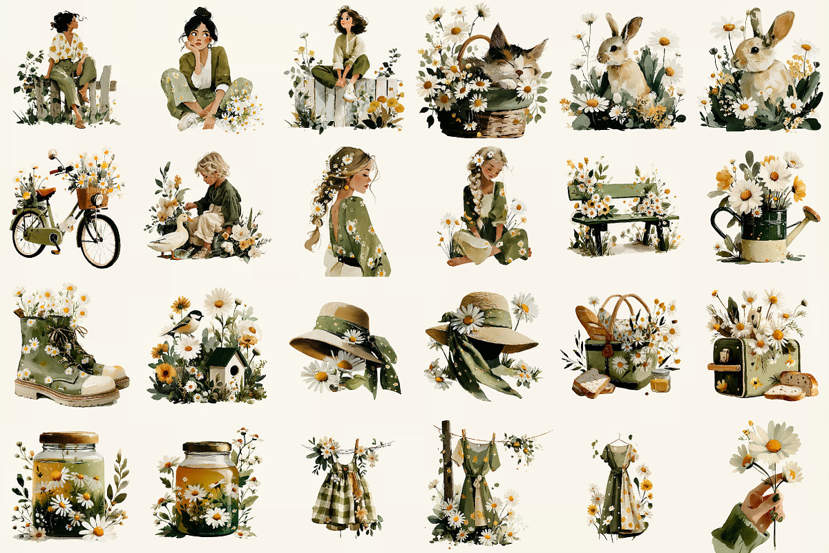 Daisy Flowers Cottagecore Girl Set, an Illustration by DreamCafeArt (Photo 2 of 6)