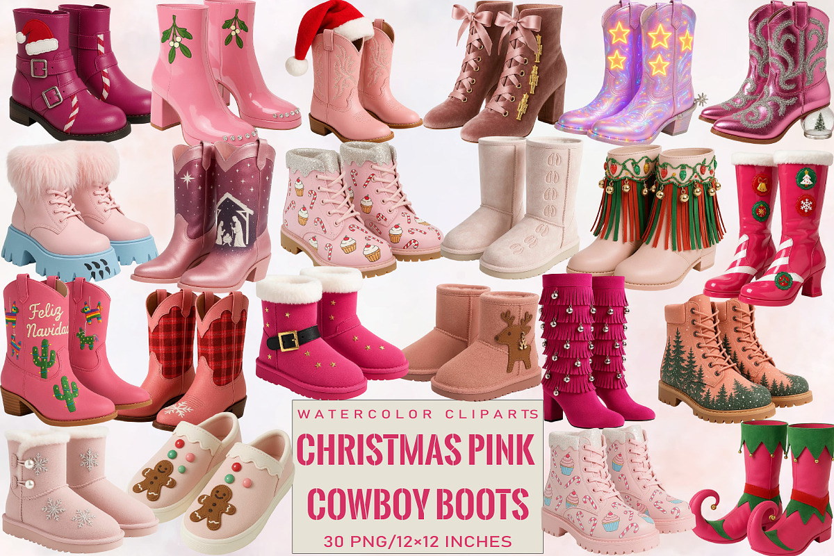 Christmas Pink Cowboy Boots Clipart, an Illustration by SVGArt (Photo 1 of 8)