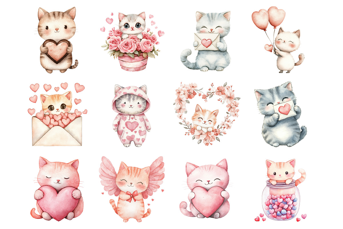 Valentine's Day Kawaii Cats Clipart, an Illustration by Design Market (Photo 3 of 3)