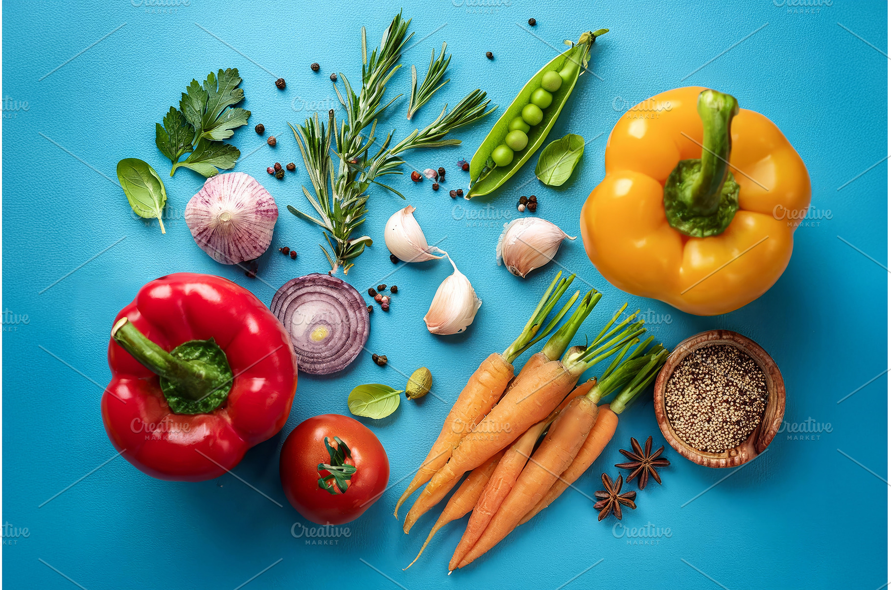 Fresh vegetables herbs arranged on, a Food & Drink Photo by Ungvar Studio