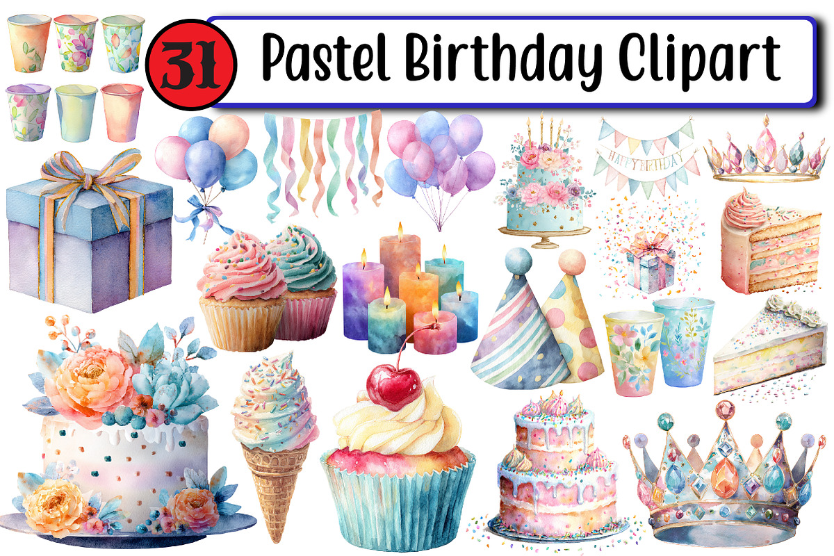 Pastel Birthday Clipart, an Illustration by Design Market (Photo 1 of 3)