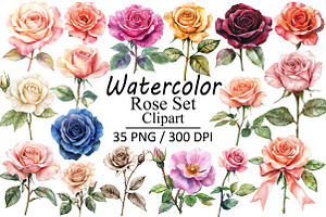 Watercolor Rose Clipart Set, an Illustration by Design Market