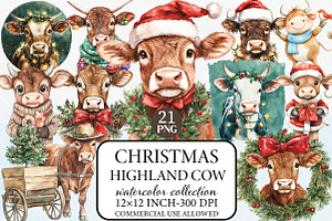 Christmas Highland Cow Clipart Bundl, an Illustration by Libby Wishes
