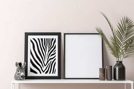 Blank print frame mockup with plants and decor on light backgrou, a Photo by Dvoevnore photos