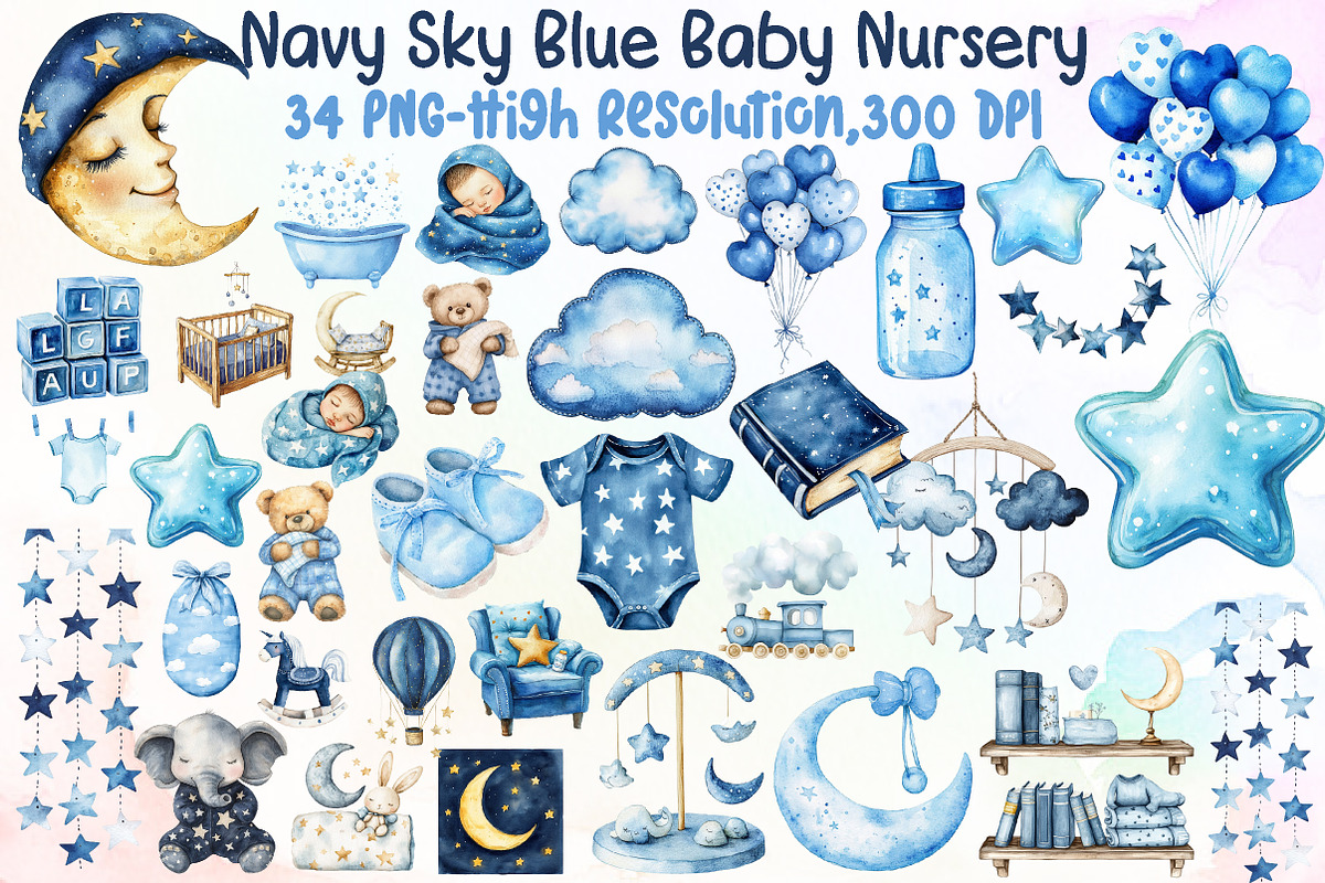 Navy Sky Blue Baby Nursery Clipart, an Illustration by Sublimation Artist (Photo 1 of 6)