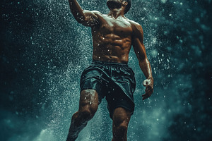A muscular man performing a slam dunk in a dramatic underwater setting, with sp, a Person Photo by Textures & Backgrounds