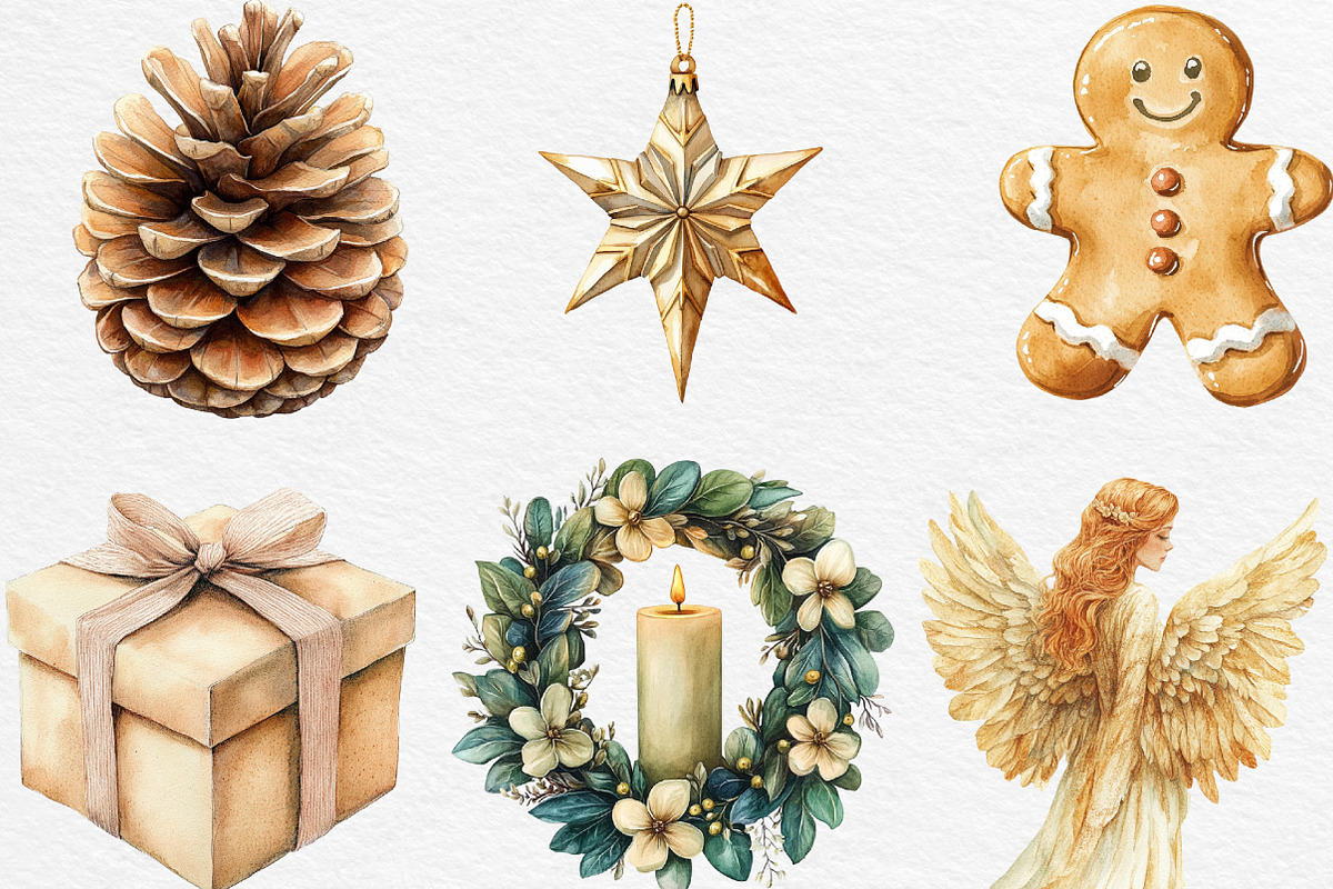 Watercolor Neutral Christmas Clipart, an Illustration by Black Bird Studio (Photo 6 of 6)