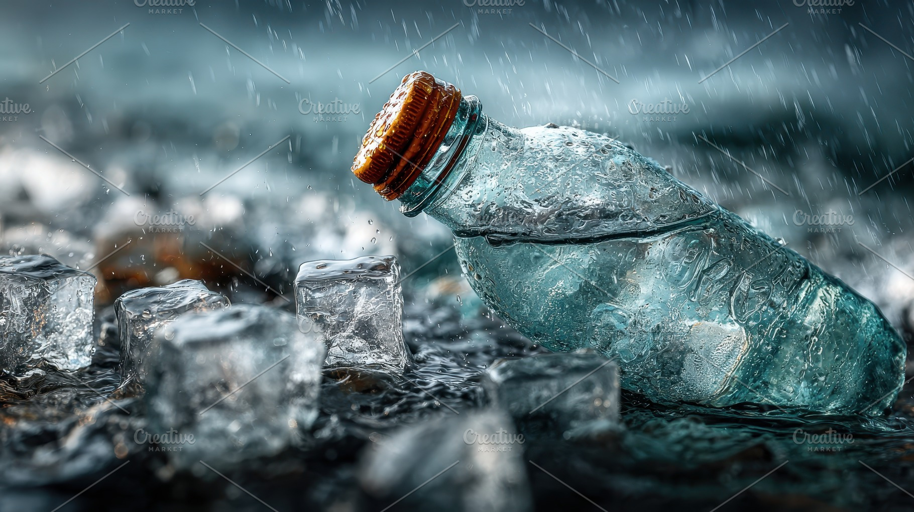 Glass bottle rain ice cubes water dr, an Abstract Photo by Pixeness Studio