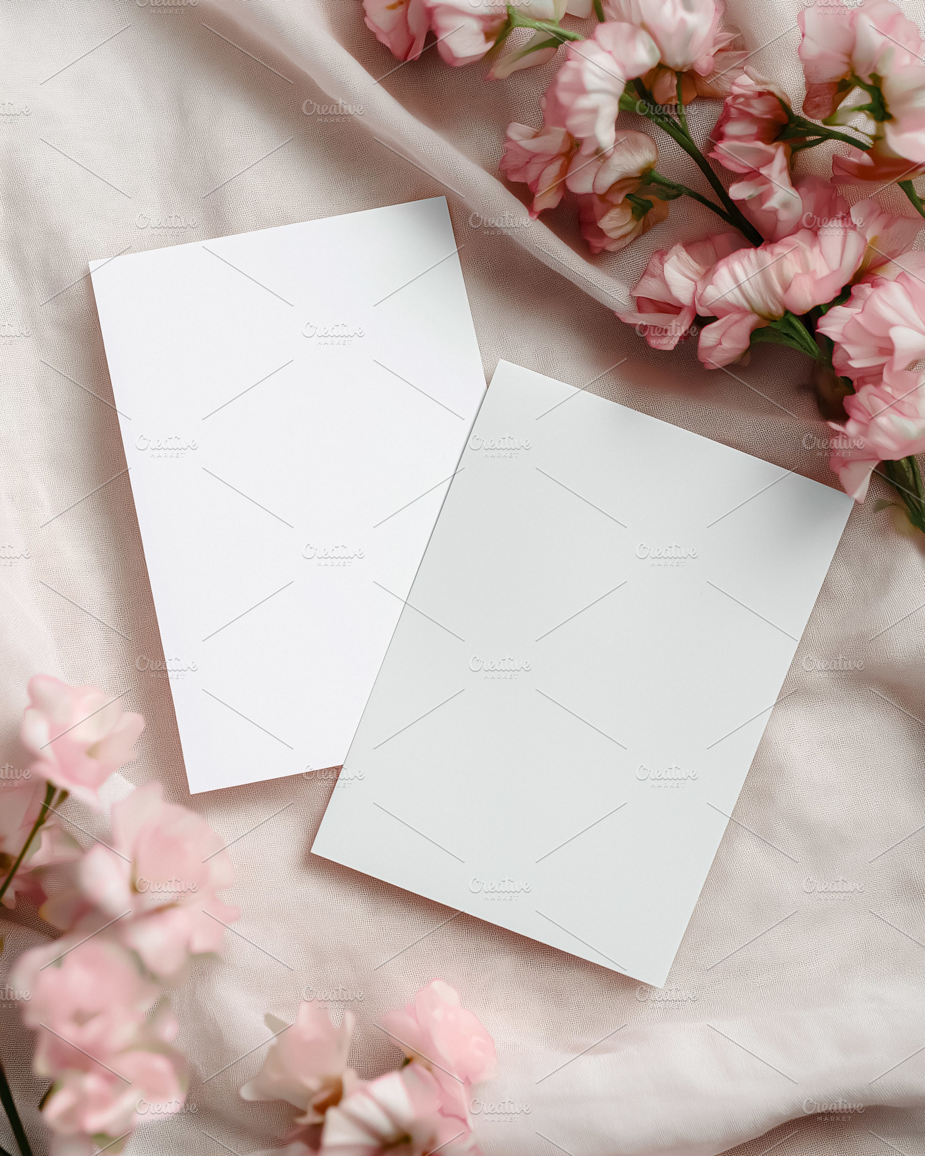 Blank vertical paper cards mockup on a soft pink fabric background with delicat, a Holiday Photo by Studio ANNA