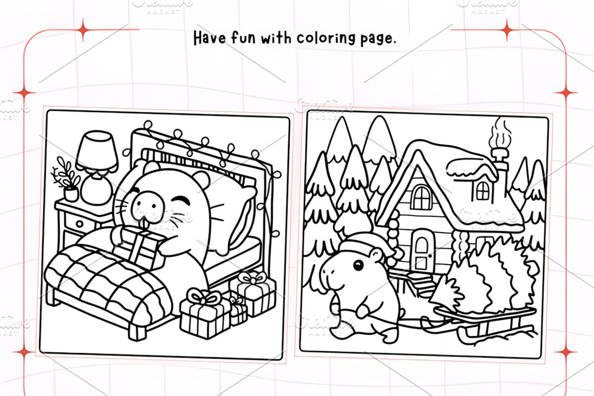 Capybara Christmas Coloring Pages, an Animal Illustration by Coco Bloom (Photo 3 of 3)