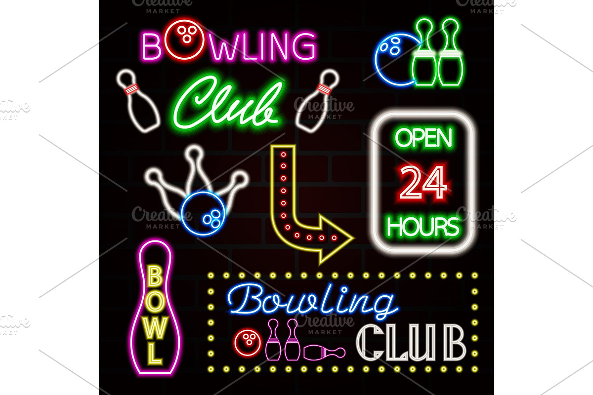 Bowling neon sign set. Bowling club logo, emblem. Vector illustration EPS10, an Illustration by SHom