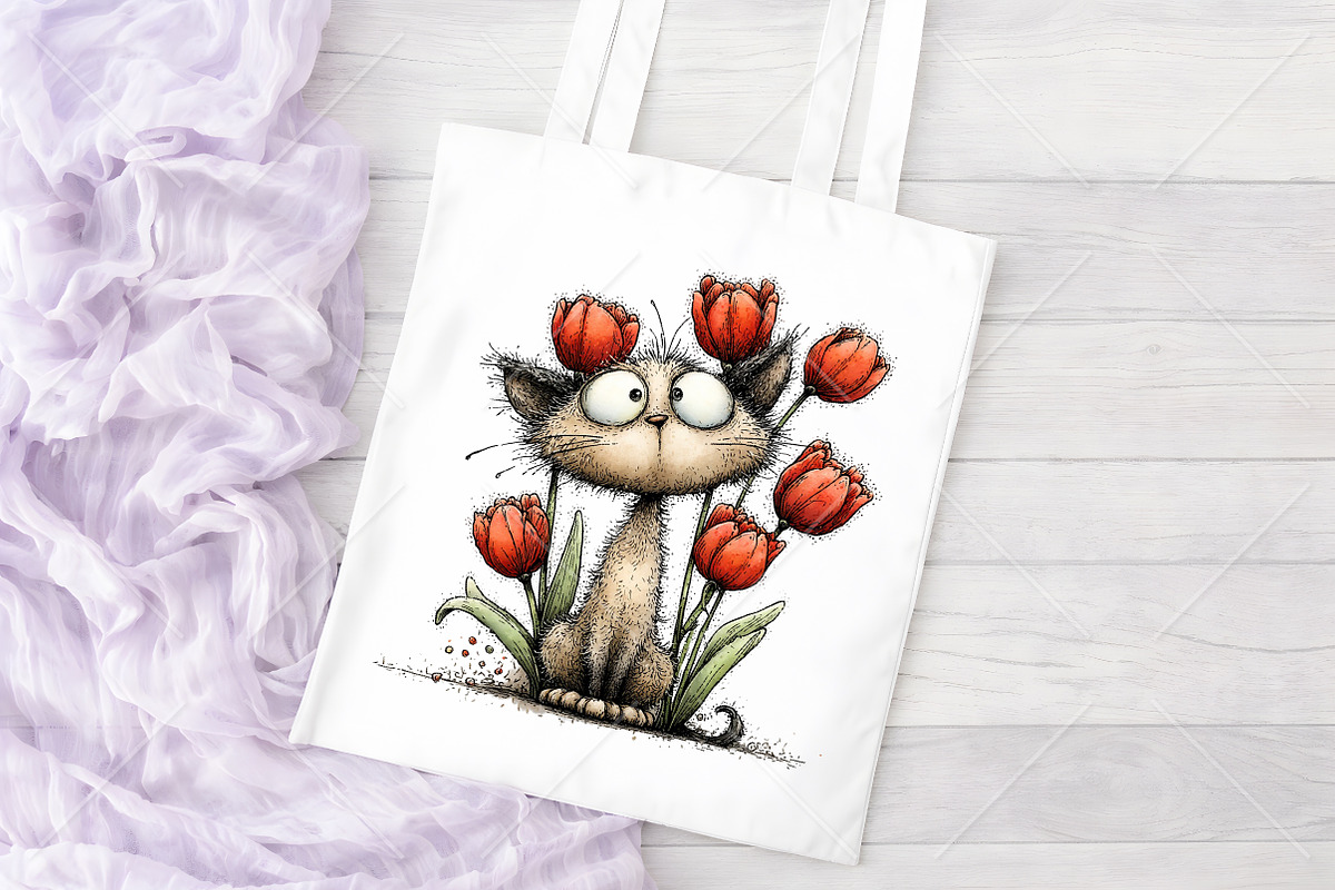 Whimsical Cat Tulips Drawing Clipart, a Seasonal Illustration by Canvas Craft (Photo 8 of 10)