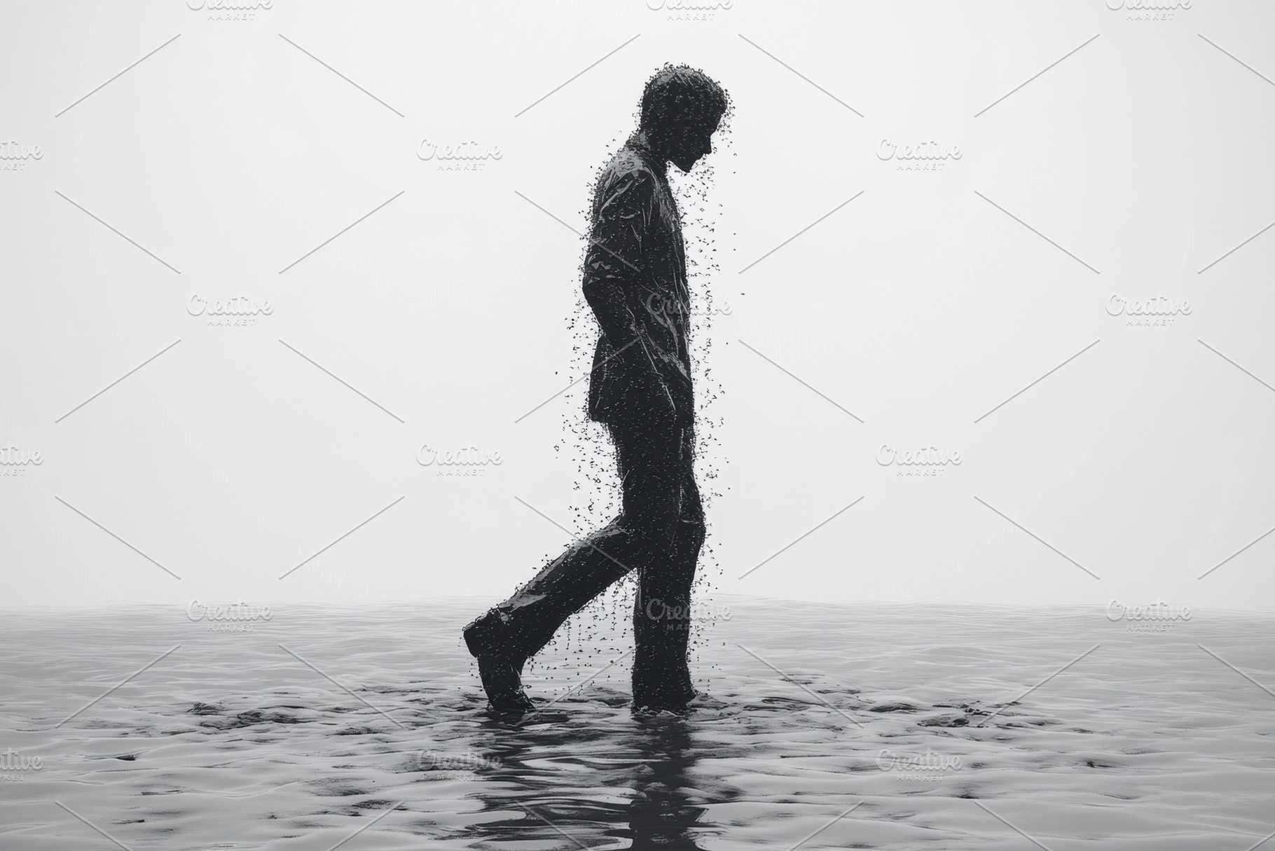 Man walking through a surreal landsc, a Photo by Tanuart