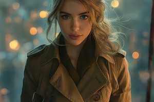 A young Caucasian woman with wavy blonde hair wearing a stylish trench coat, ga, a Person Photo by ImageMir