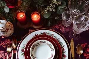 Elegant Christmas table setting with festive dinnerware and burning candles cre, a Food & Drink Photo by Studio ANNA