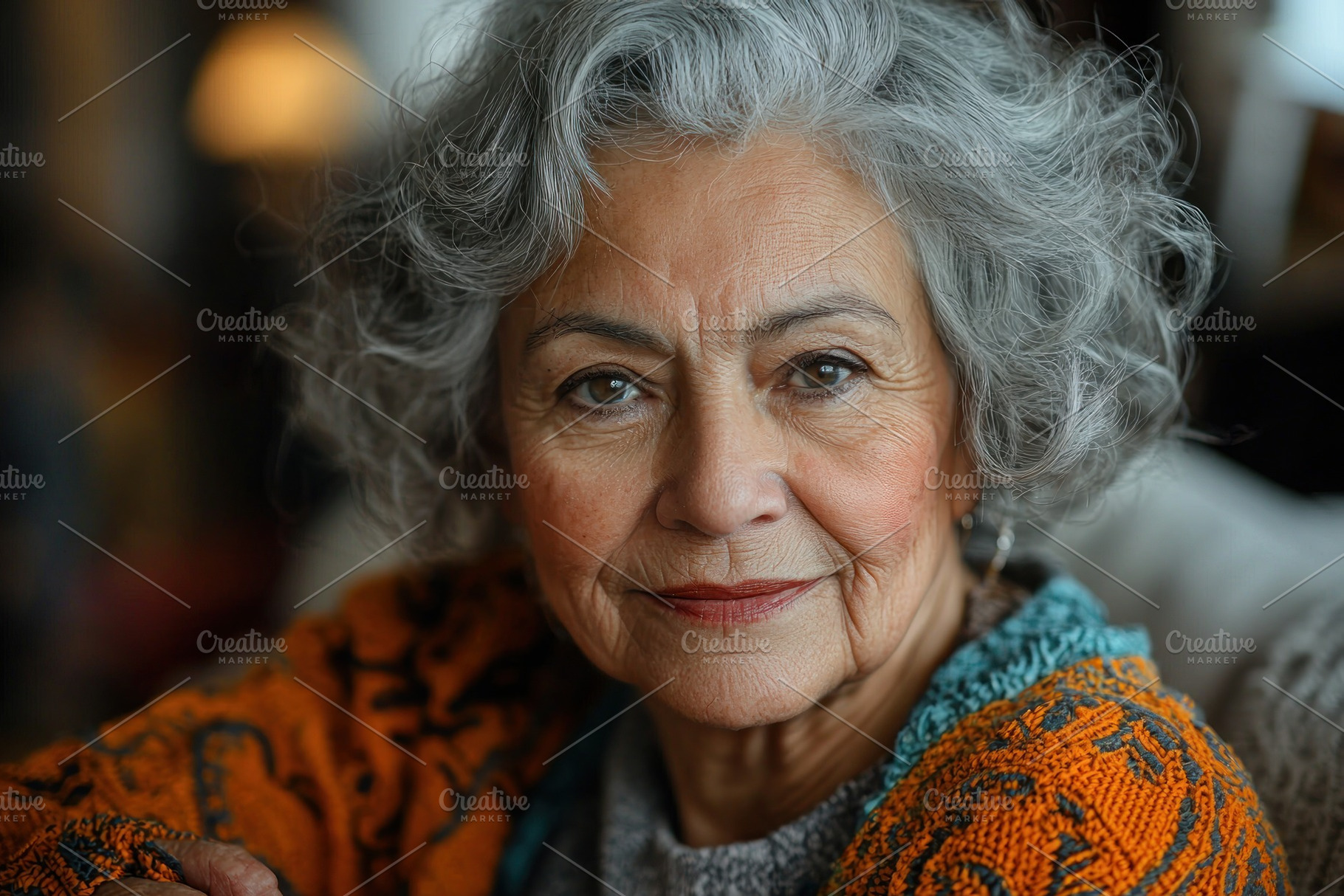 Confident elderly woman with gray curly hair wearing colorful kn, a Person Photo by José Manuel Gelpi