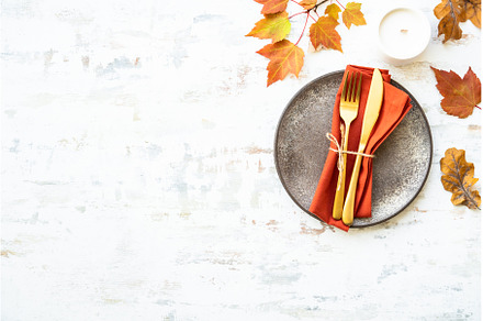 Autumn table setting on white, a Food & Drink Photo by Nadia-nb