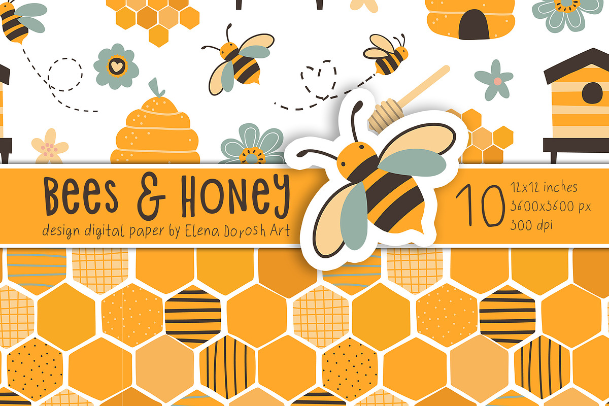 Bees, Honey Cartoon Digital Paper, a Pattern Graphic by Elena Dorosh (Photo 2 of 6)