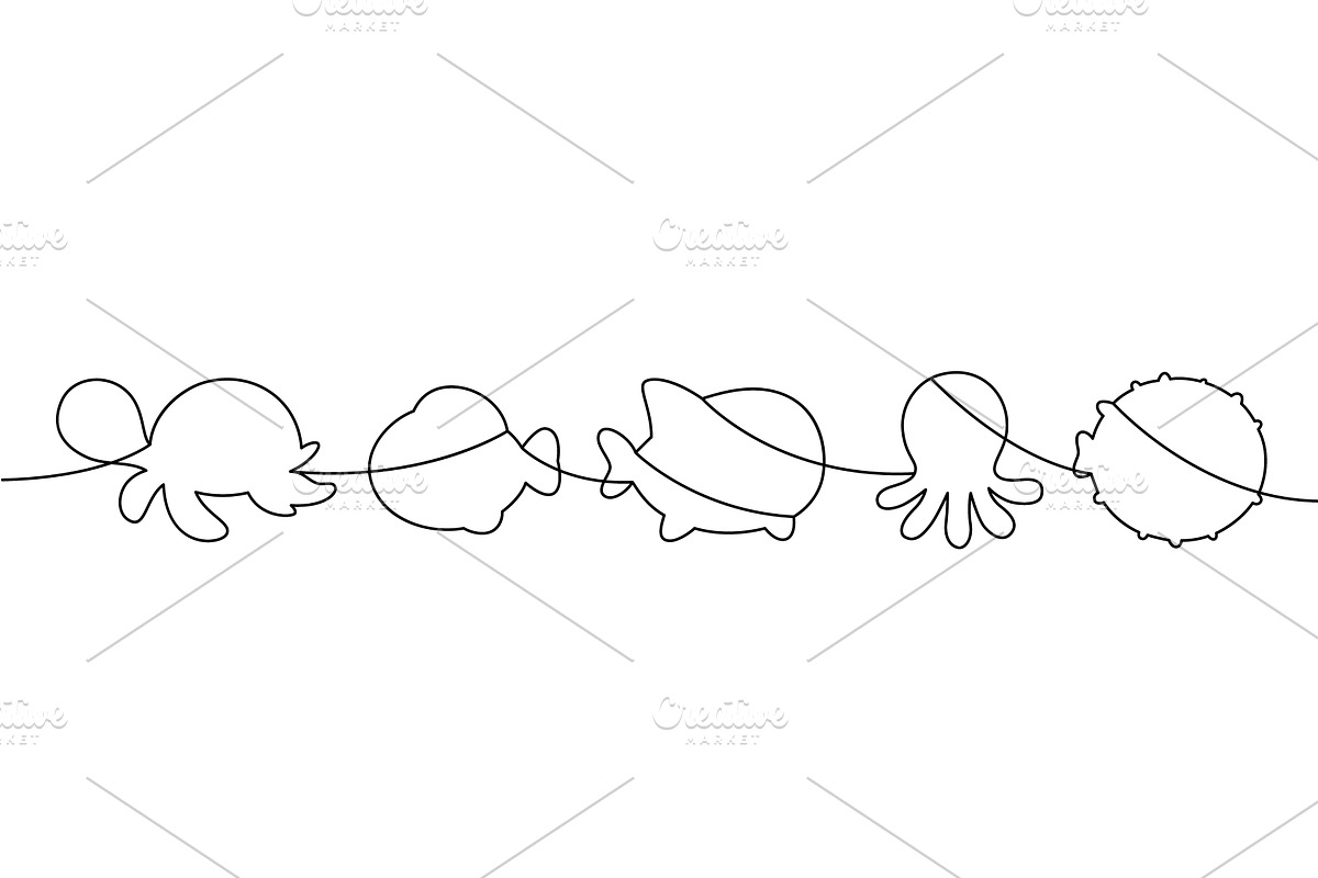 One-line contour cute sea animals, an Animal Illustration by GraphiShop