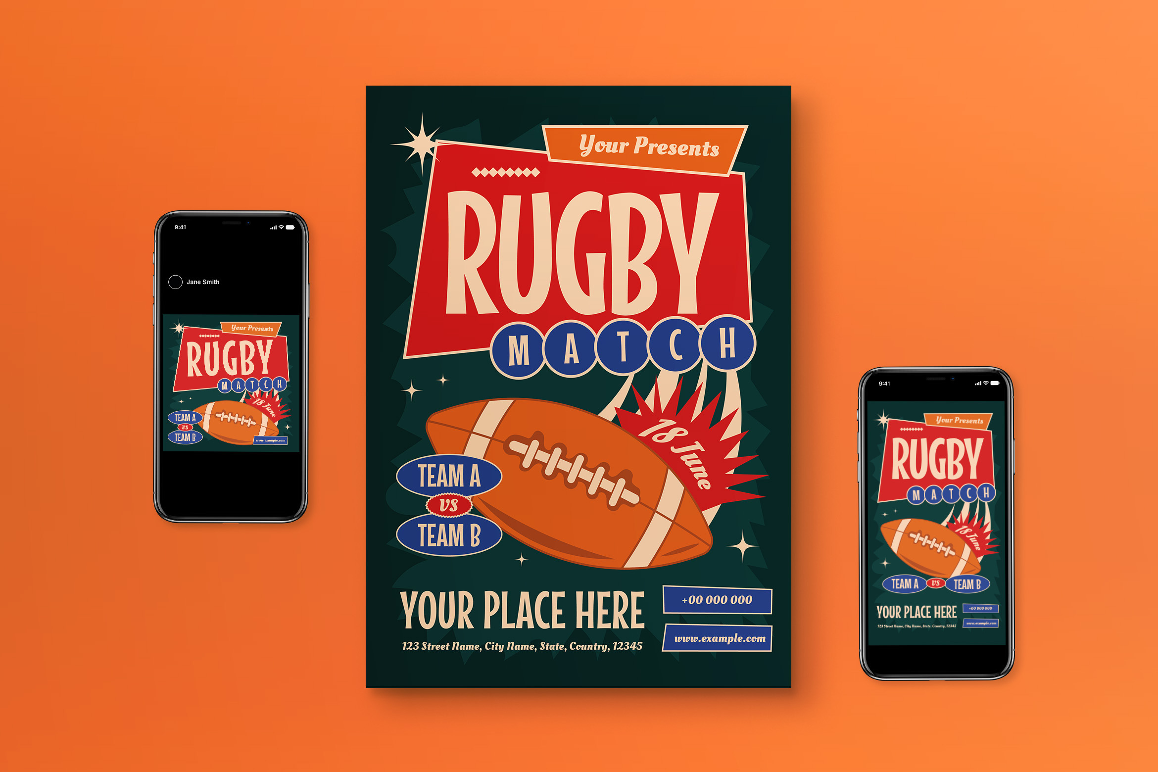 Retro Rugby Tournament Match Flyer, a Flyer Template by graphicook