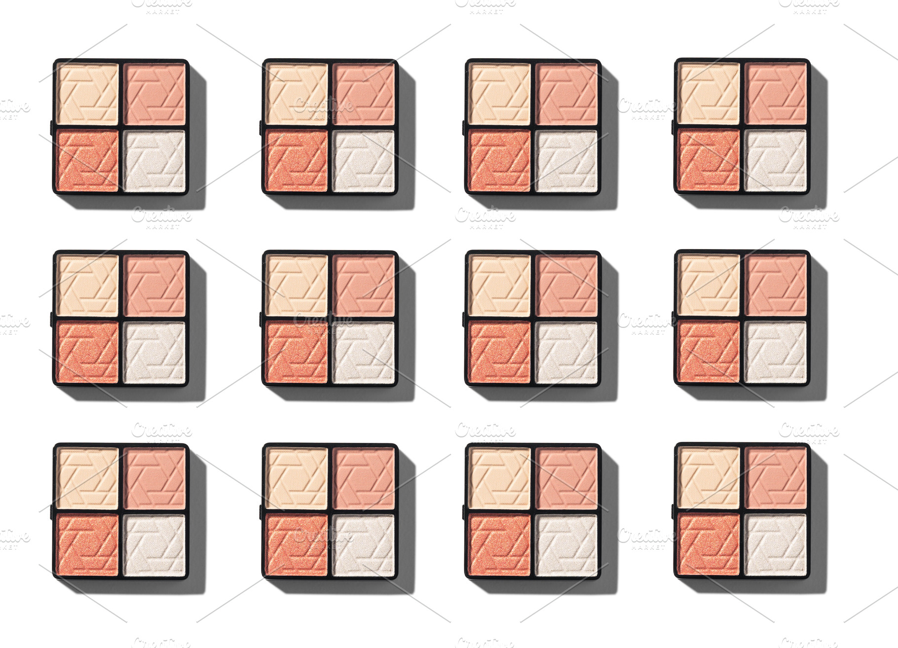 A flat lay of multiple eyeshadow palettes on a white background., a Photo by vimart