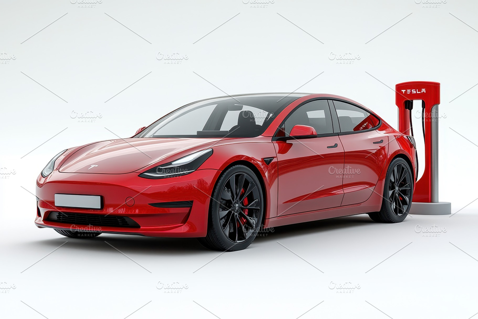 Red electric car parked at a chargin, a Photo by Tanuart