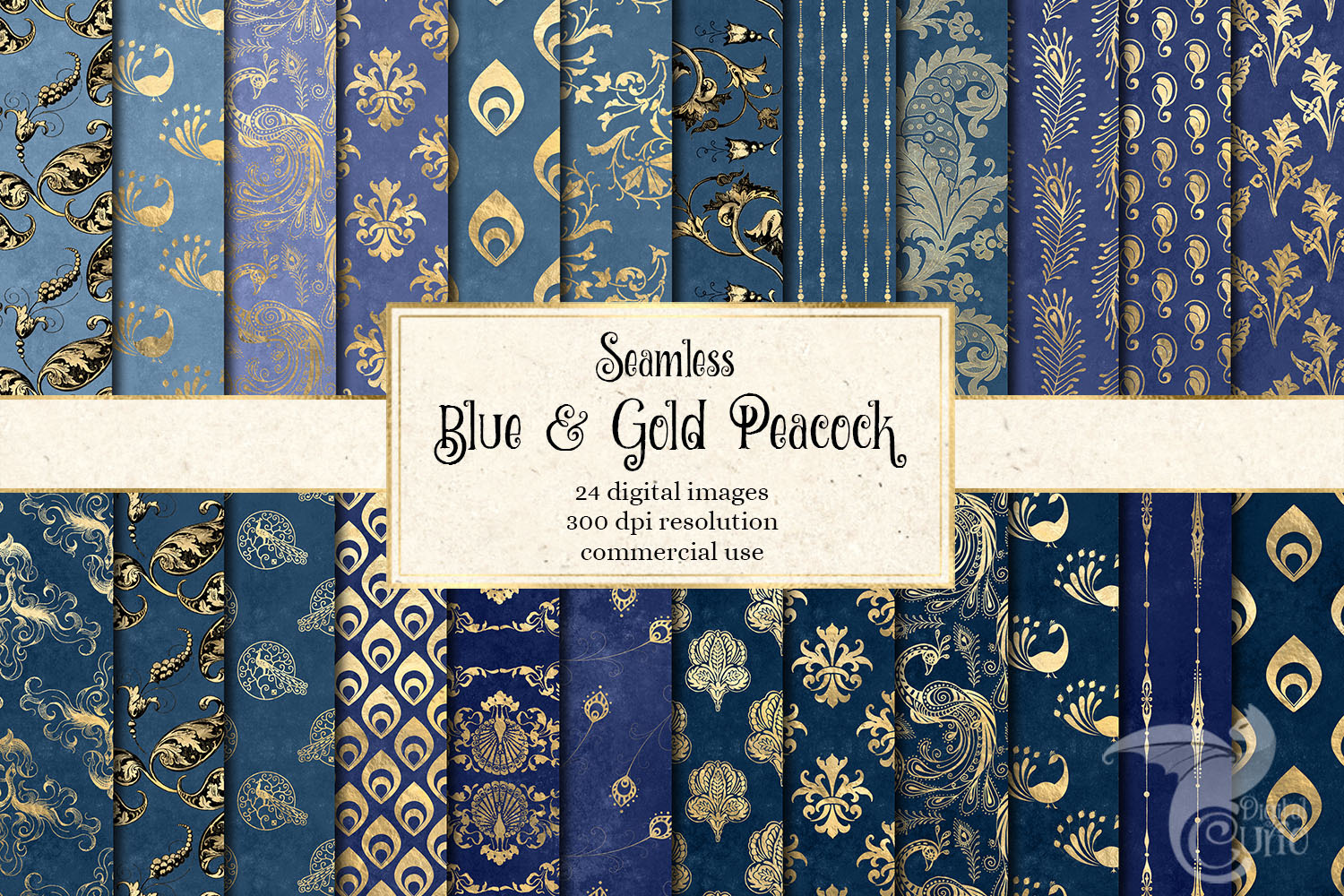 Blue and Gold Peacock Digital Paper, a Pattern Graphic by Digital Curio