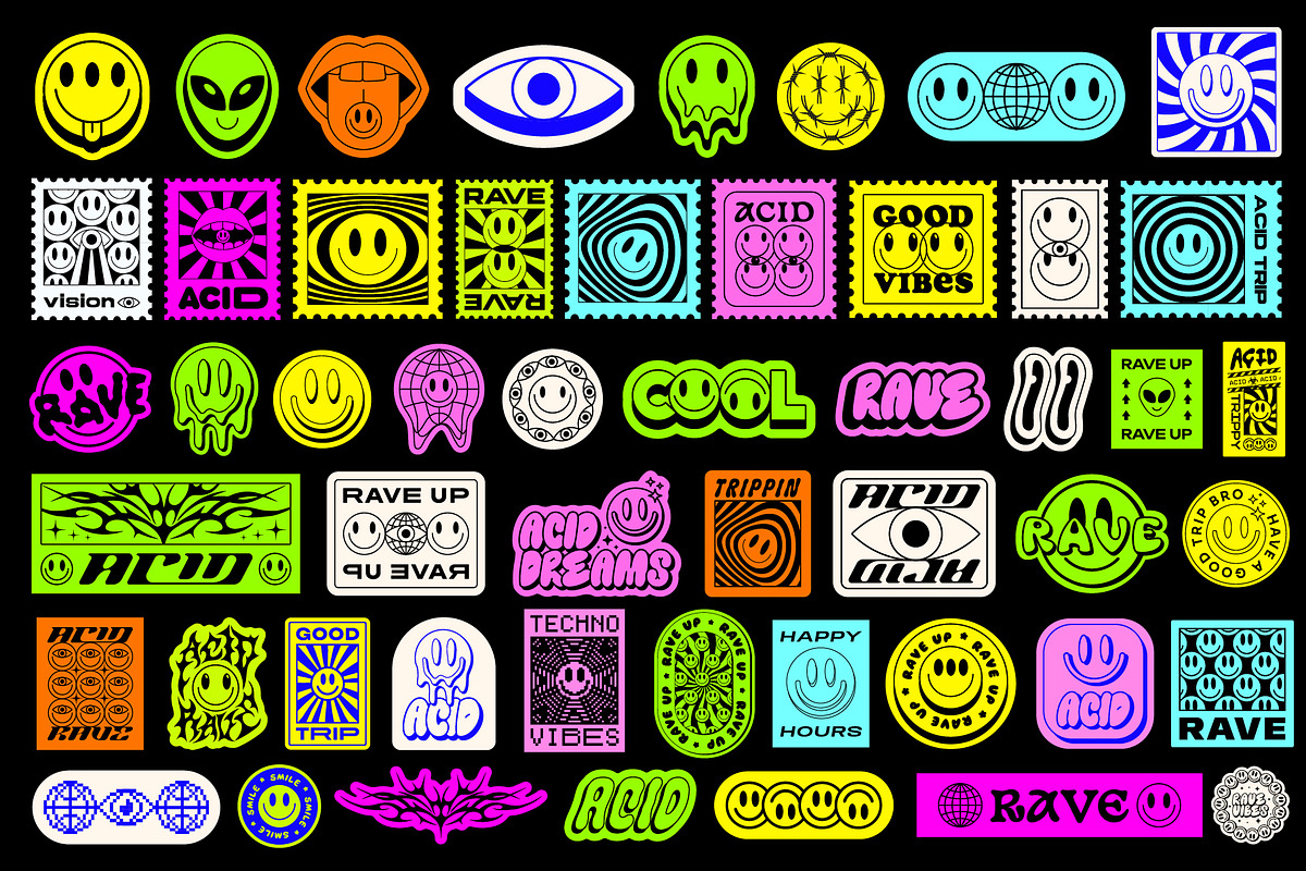 ACID RAVE STICKERS VECTOR SET, an Object Graphic by craftlove (Photo 2 of 3)