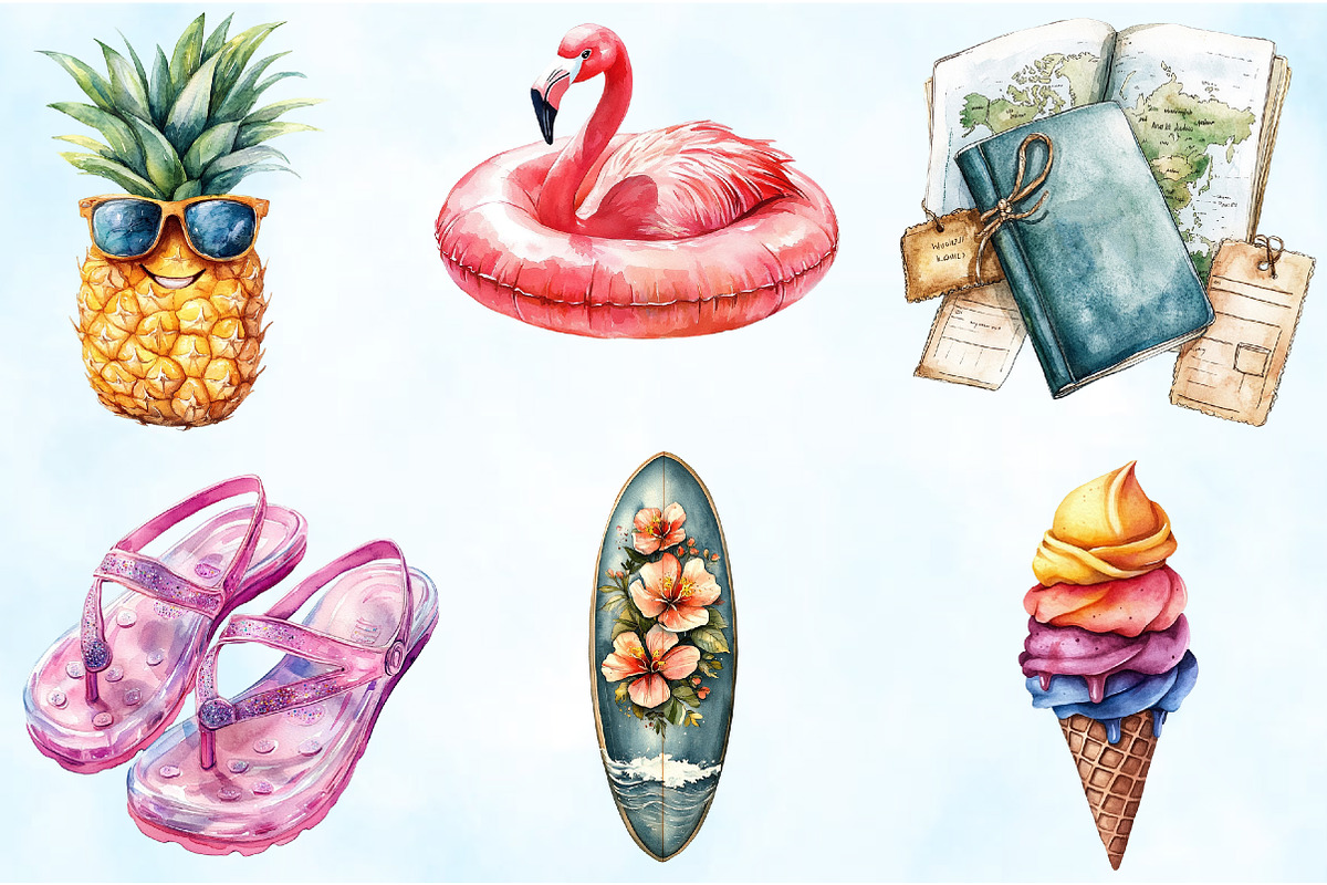 Watercolor Summer Vacation Clipart, an Illustration by Craft Nest (Photo 4 of 9)