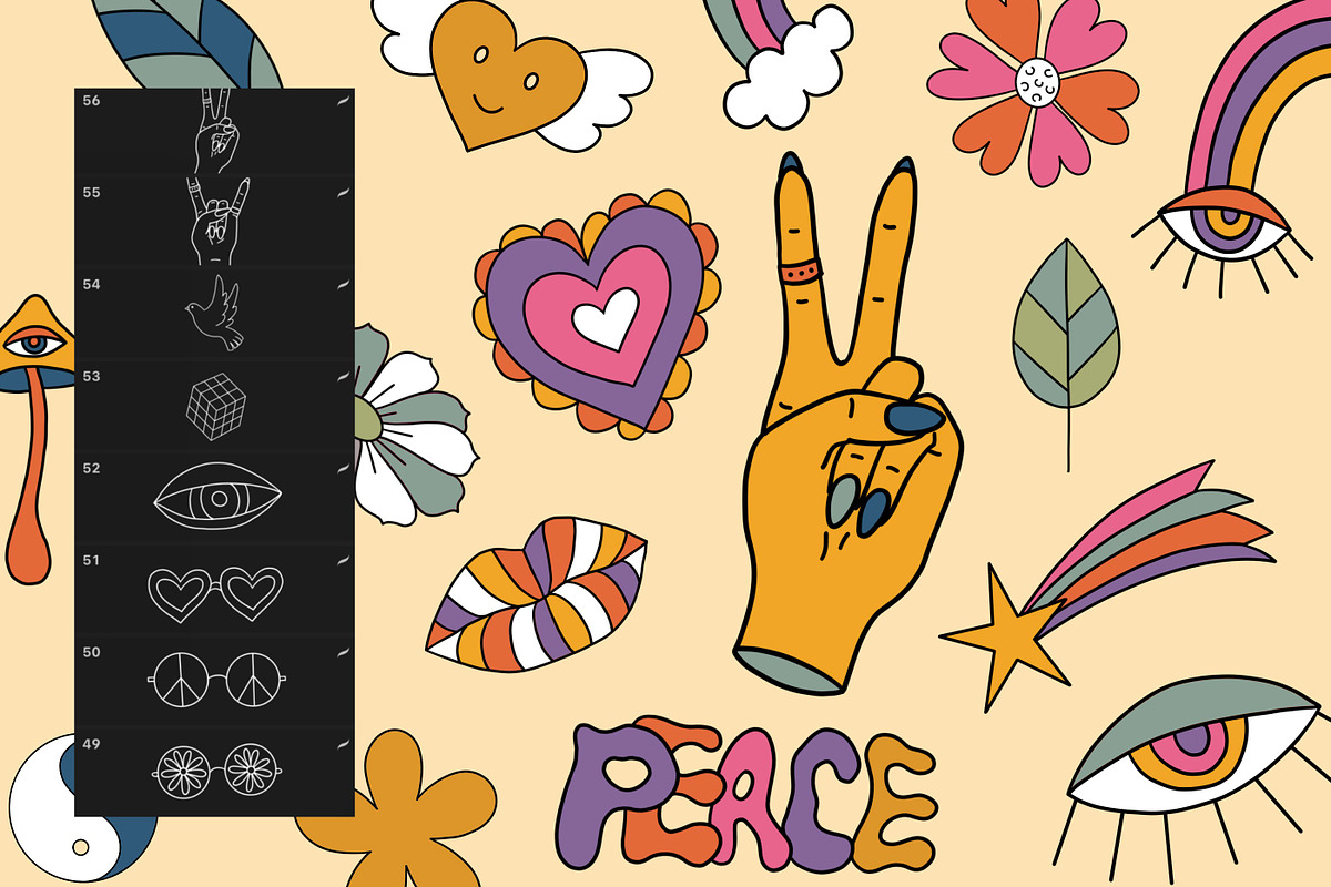 56 Groovy retro Procreate stamps, a Brush Add-On by Veronika Gotovceva (Photo 4 of 4)