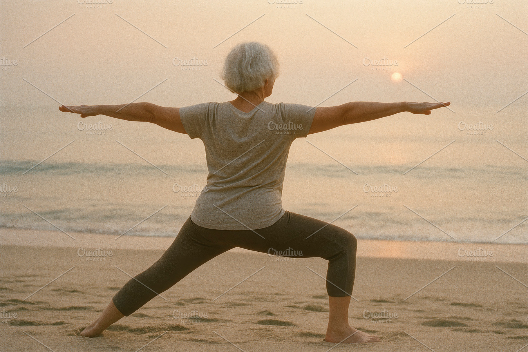 elderly woman doing yoga at sunrise, generative AI, a Photo by Nito