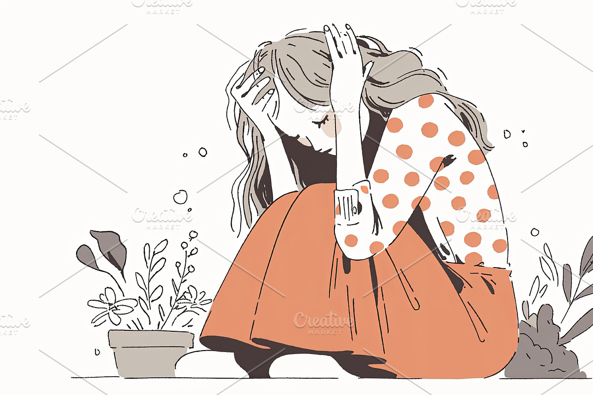 Sad woman sitting on the floor surrounded by nature indoors, an Illustration by AS photostudio