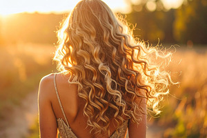 Young woman at nature with voluminous curly hair captured from b, a Health & Medical Photo by DanFLCreativo