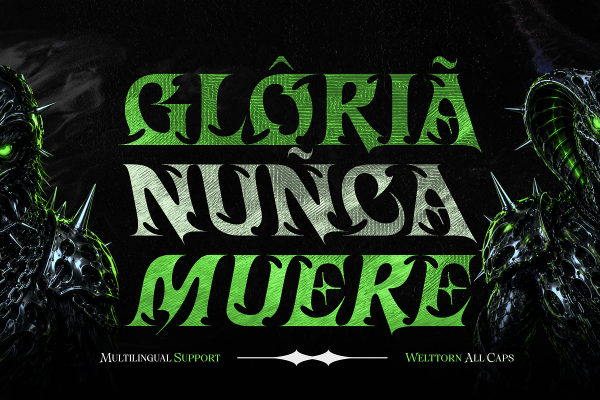 Welltorn - Y2K Black Metal Game Font, a Blackletter Font by Typia Nesia (Photo 3 of 12)