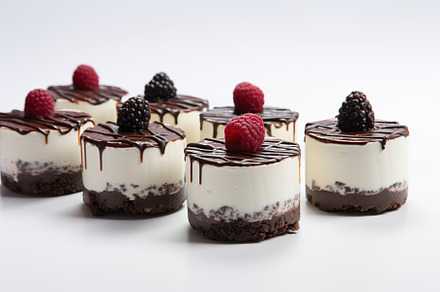 Chocolate cheesecake with berries on white background, a Food & Drink Photo by AlyaAnd