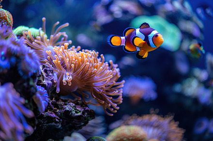 Clownfish in aquarium with blue water and corals, an Animal Photo by AlyaAnd