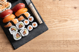 Fresh sushi assortment with salmon maki and nigiri, a Food & Drink Photo by etorres69