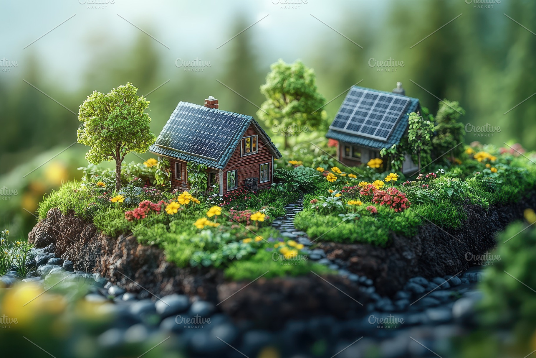 Miniature houses surrounded by lush, a Photo by Tanuart