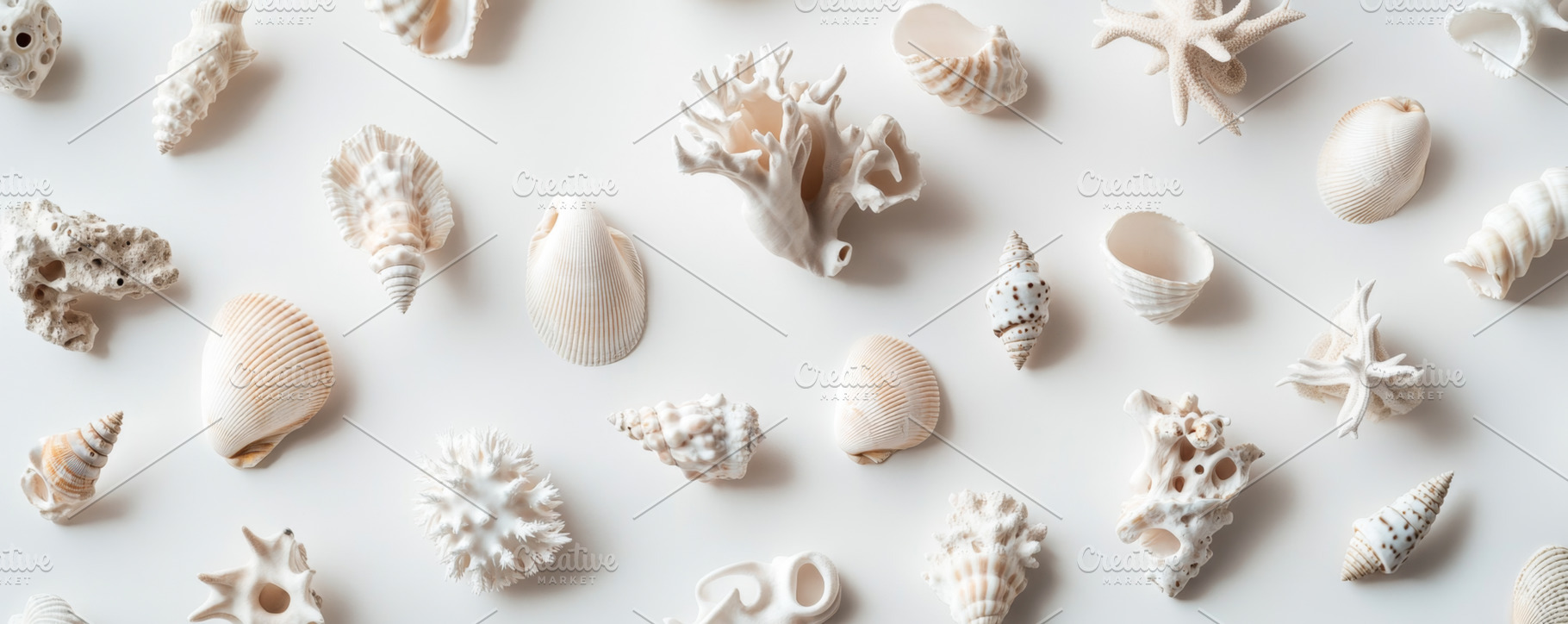 Minimalist Composition of Seashells and White Coral on Light Sur, an Abstract Photo by Natalia Klenova's Shop