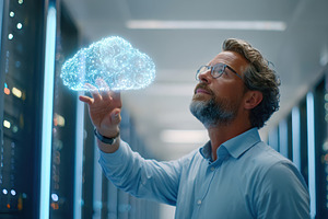 Man interacting with digital cloud in data center, a Business Photo by AlyaAnd