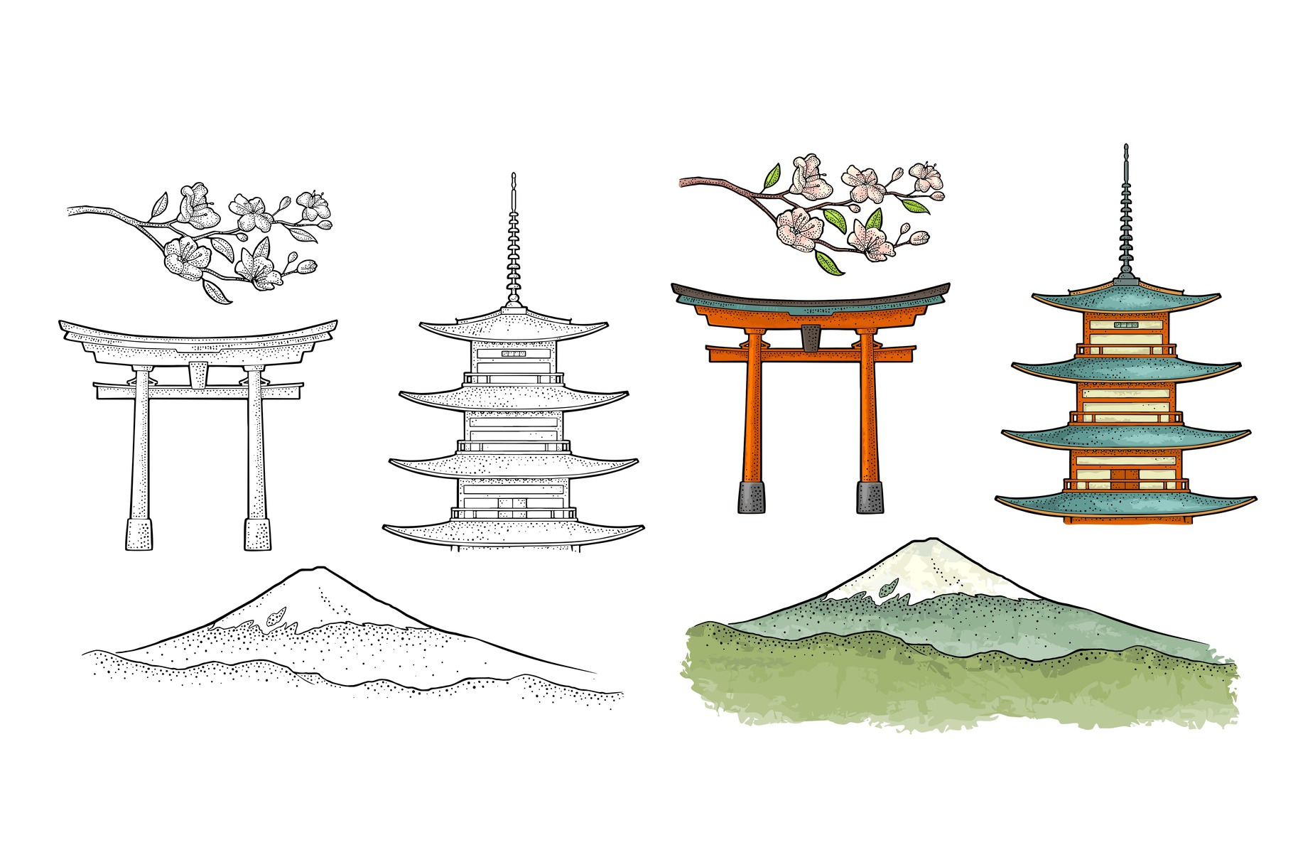 Mountain Fuji in Japan. Vintage color vector engraving illustration, an ...