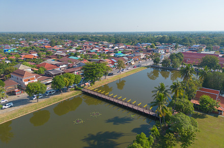 Aerial view of local residential neighborhood roofs. Urban housi
