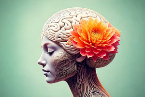Woman head in profile with a blooming flower inside the brain ar, a Healthcare Illustration by DanFLCreativo