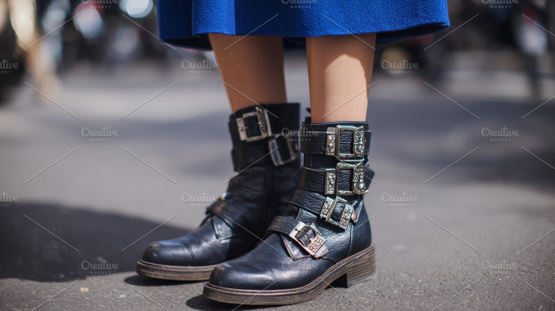 Stylish boots with buckles on street, a Photo by Beautiful things