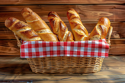 Freshly baked baguette in basket on wooden table, a Food & Drink Photo by AlyaAnd