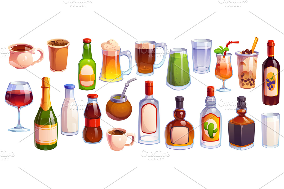 Cartoon drinks or alcohol beverages, a Food Illustration by Vector Tradition