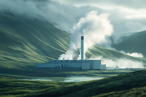 A factory with a tall chimney emitting smoke, set in a lush green valley surrou, an Industrial Photo by Textures & Backgrounds