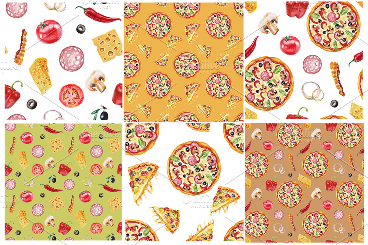 Watercolor pizza collection, a Pattern Graphic by lenavetka87 (Photo 2 of 3)