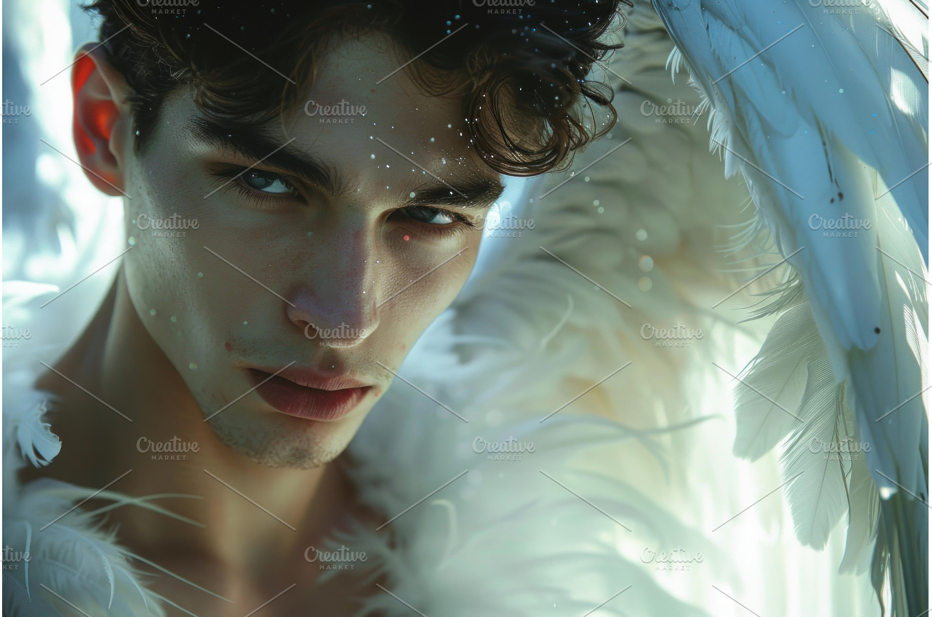 Angelic gaze with white feathers, a Person Photo by Ylivdesign